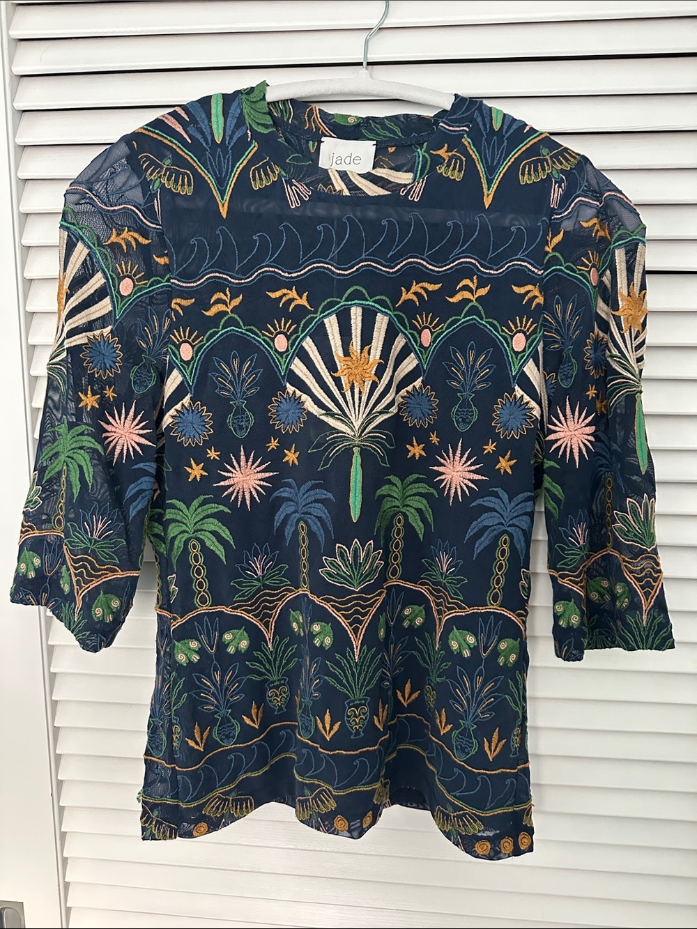 Johnny Was-Jade-Kaia mesh tee stretch Del Mar navy Embroidery elbow sleeve Sz S - Picture 3 of 15